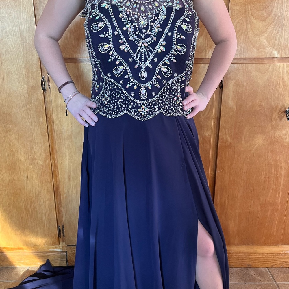 Elegant Navy Blue Beaded Evening Gown